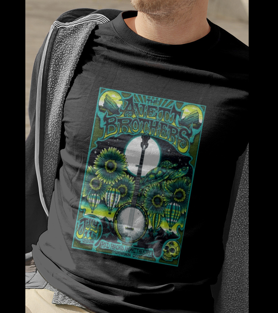 The Avett Brothers Red Rocks Amphitheatre July 11 2026 Morrison CO Banjo Sunflowers Hot Air Balloons Turtles Skulls T-Shirt