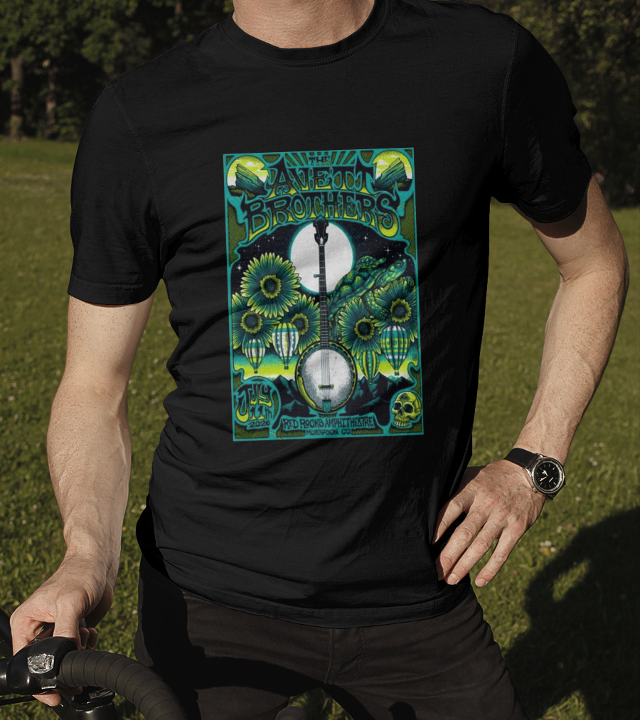 The Avett Brothers Red Rocks Amphitheatre July 11 2026 Morrison CO Banjo Sunflowers Hot Air Balloons Turtles Skulls T-Shirt