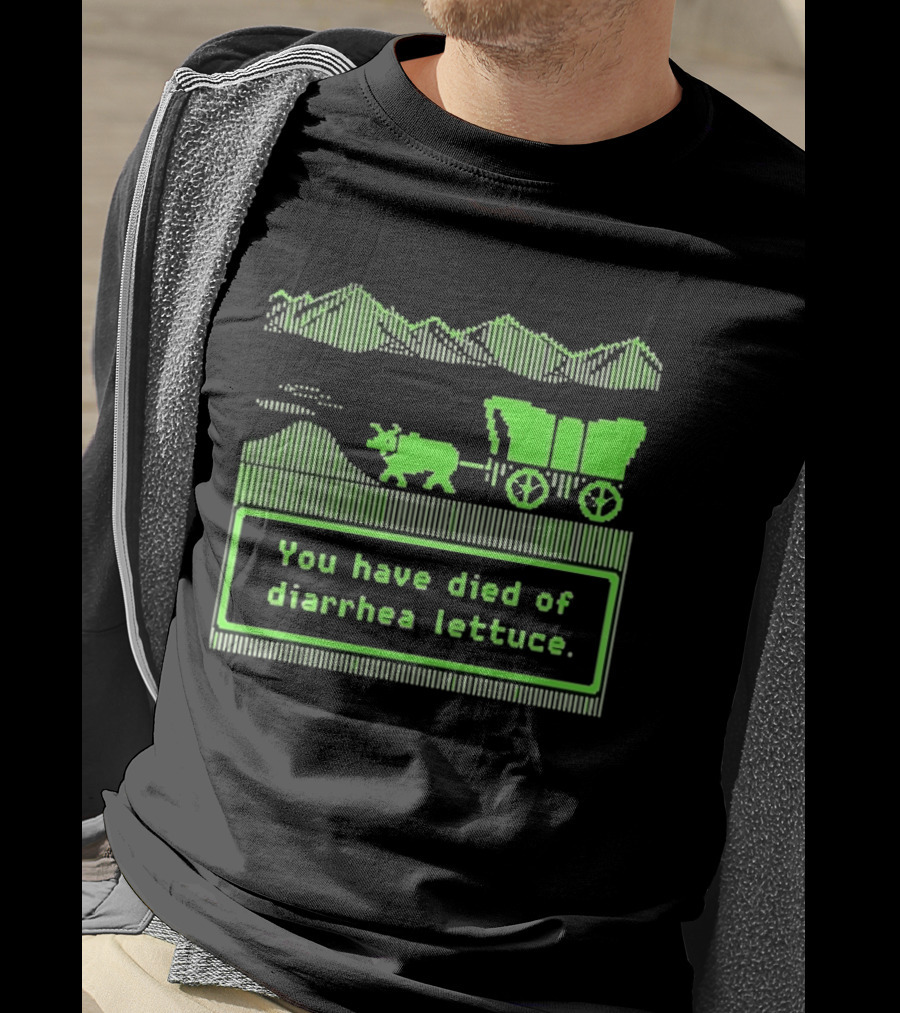 You Have Died Of Diarrhea Lettuce Oregon Trail Wagon Pixelated Retro Text Green T-Shirt