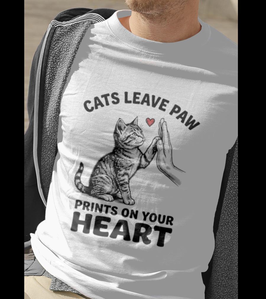 Cats Leave Paw Prints On Your Heart With Hand And Paw High Five T-Shirt