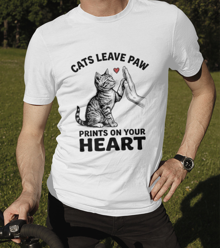 Cats Leave Paw Prints On Your Heart With Hand And Paw High Five T-Shirt