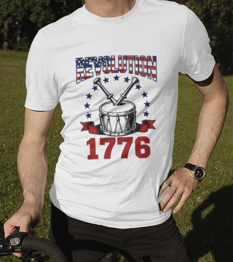 Revolution 1776 American Independence Drum With Stars And Crossed Drumsticks T-Shirt