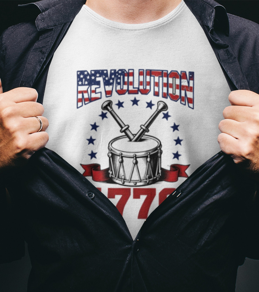 Revolution 1776 American Independence Drum With Stars And Crossed Drumsticks T-Shirt