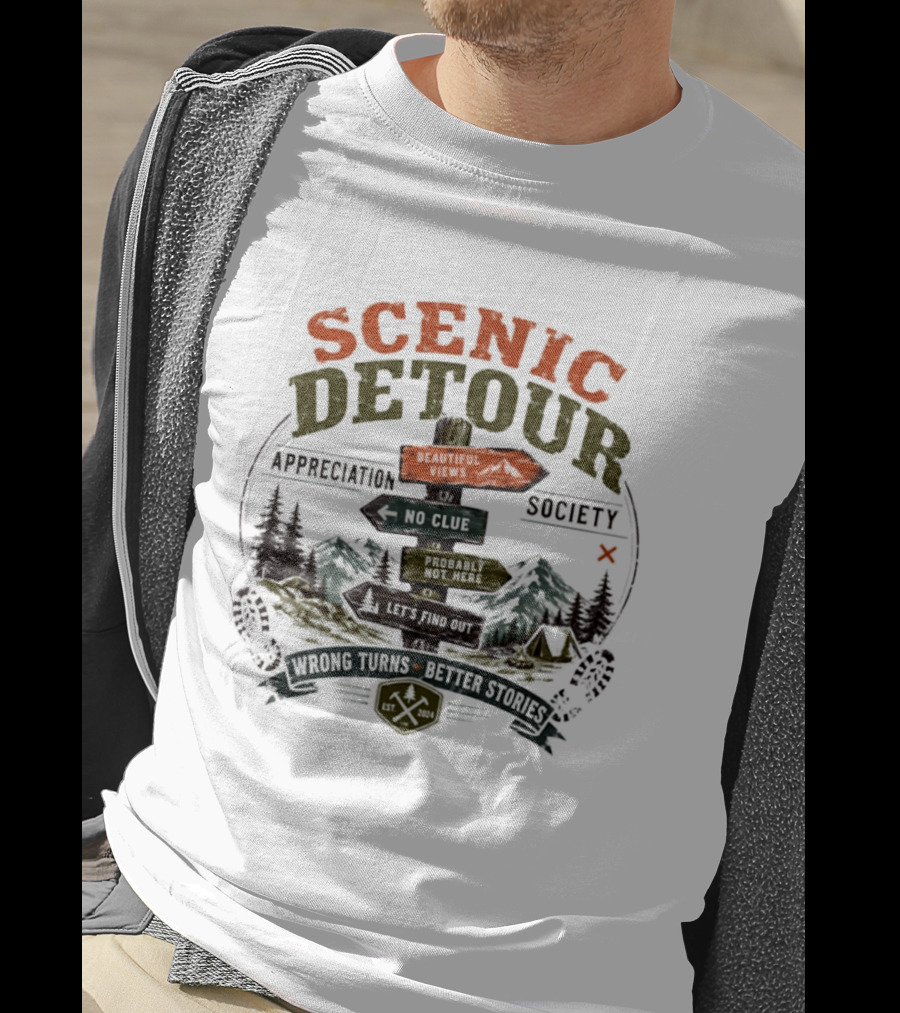 Scenic Detour Appreciation Society No Clue Adventure Awaits Better Stories T-Shirt
