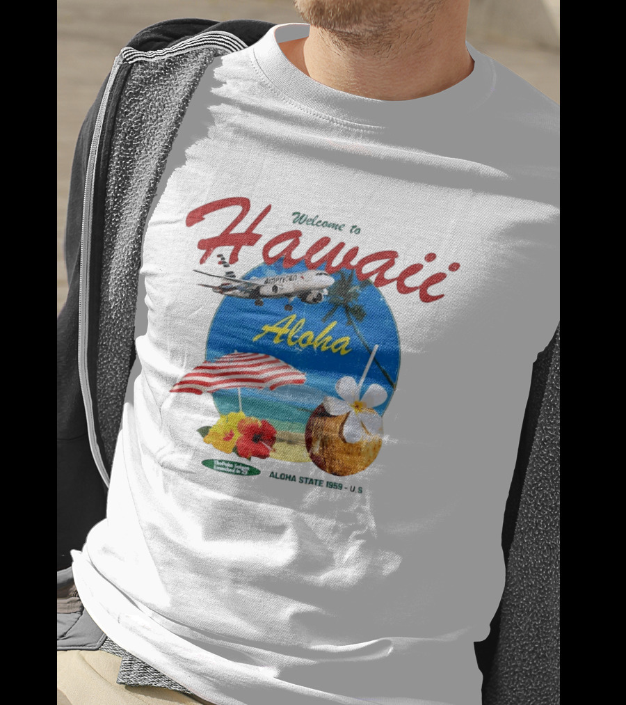 Welcome To Hawaii Aloha American Airplane Palm Trees Tropical Drink Beach Scene T-Shirt