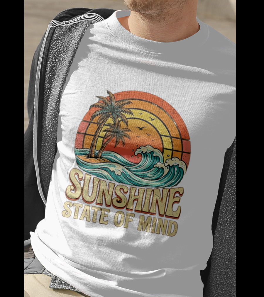 Sunshine State Of Mind Palm Trees Crashing Waves Sunset T-Shirt