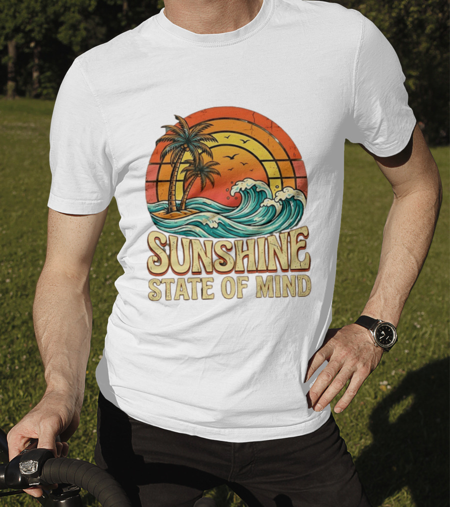 Sunshine State Of Mind Palm Trees Crashing Waves Sunset T-Shirt