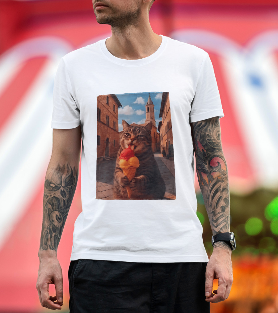 Tabby Cat Eating Ice Cream Cone In Italian Village Street Scene T-Shirt