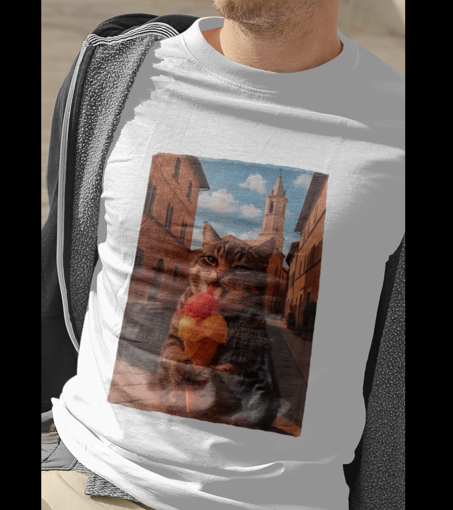Tabby Cat Eating Ice Cream Cone In Italian Village Street Scene T-Shirt