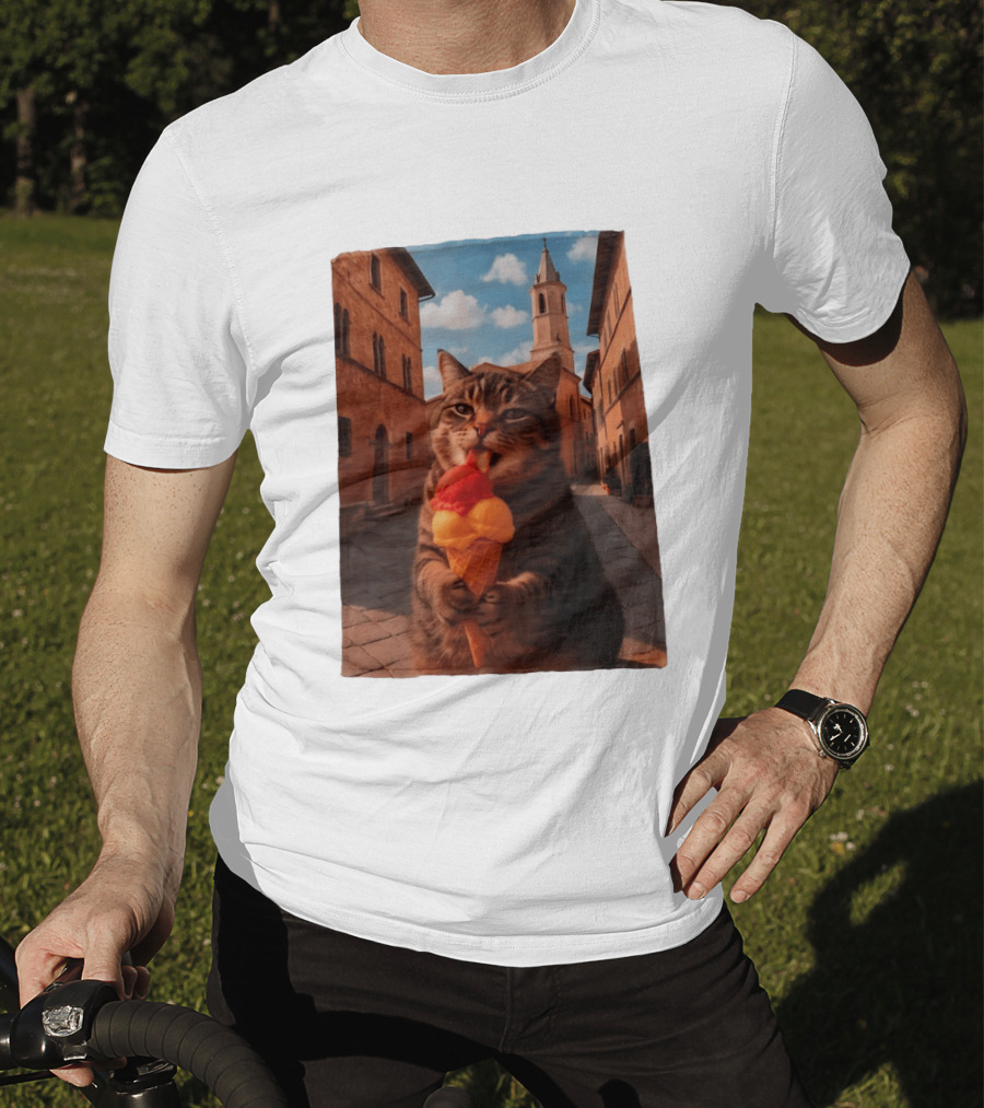 Tabby Cat Eating Ice Cream Cone In Italian Village Street Scene T-Shirt