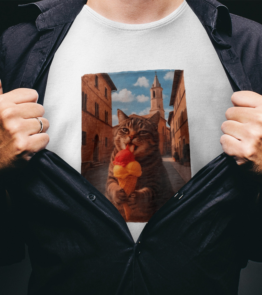 Tabby Cat Eating Ice Cream Cone In Italian Village Street Scene T-Shirt