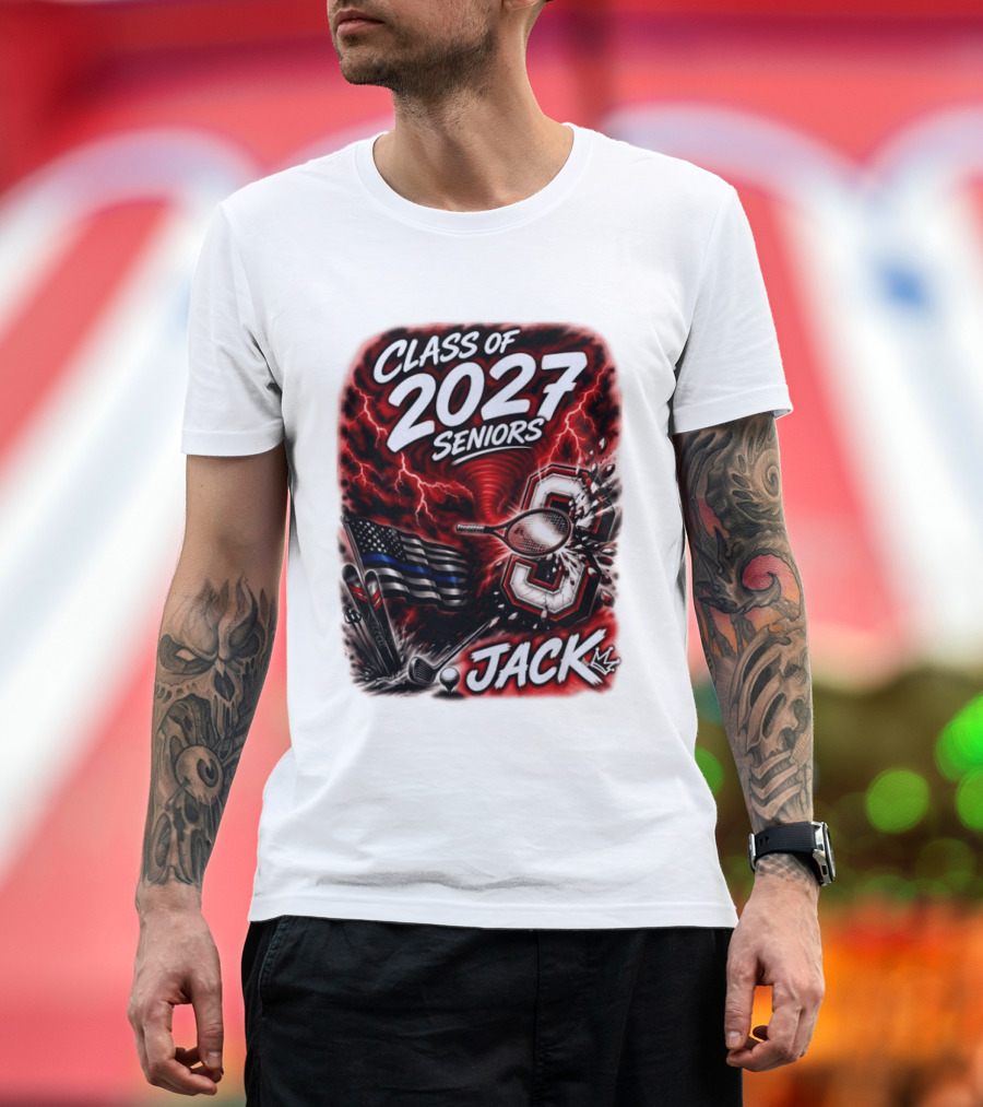 Class Of 2027 Seniors Jack Black Flag Lightning Tennis Football T-Shirt