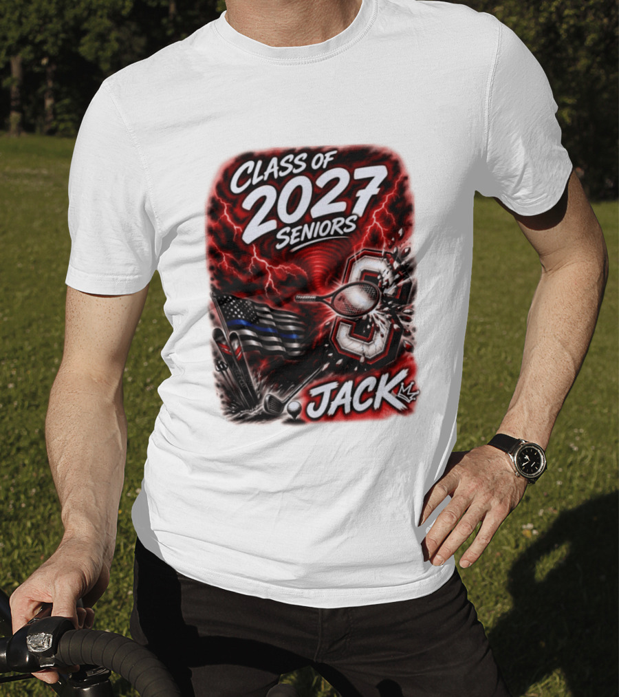 Class Of 2027 Seniors Jack Black Flag Lightning Tennis Football T-Shirt