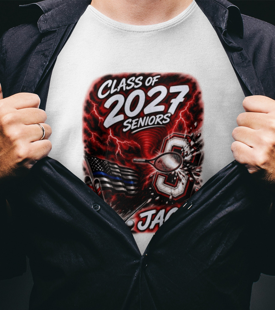 Class Of 2027 Seniors Jack Black Flag Lightning Tennis Football T-Shirt