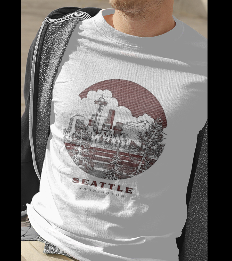 Seattle Washington Skyline Space Needle Mountains Forest T-Shirt