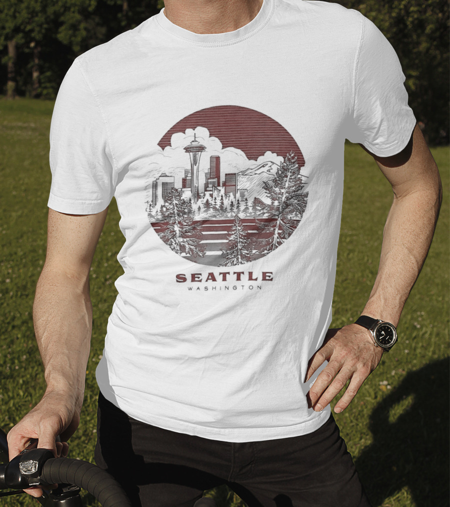 Seattle Washington Skyline Space Needle Mountains Forest T-Shirt