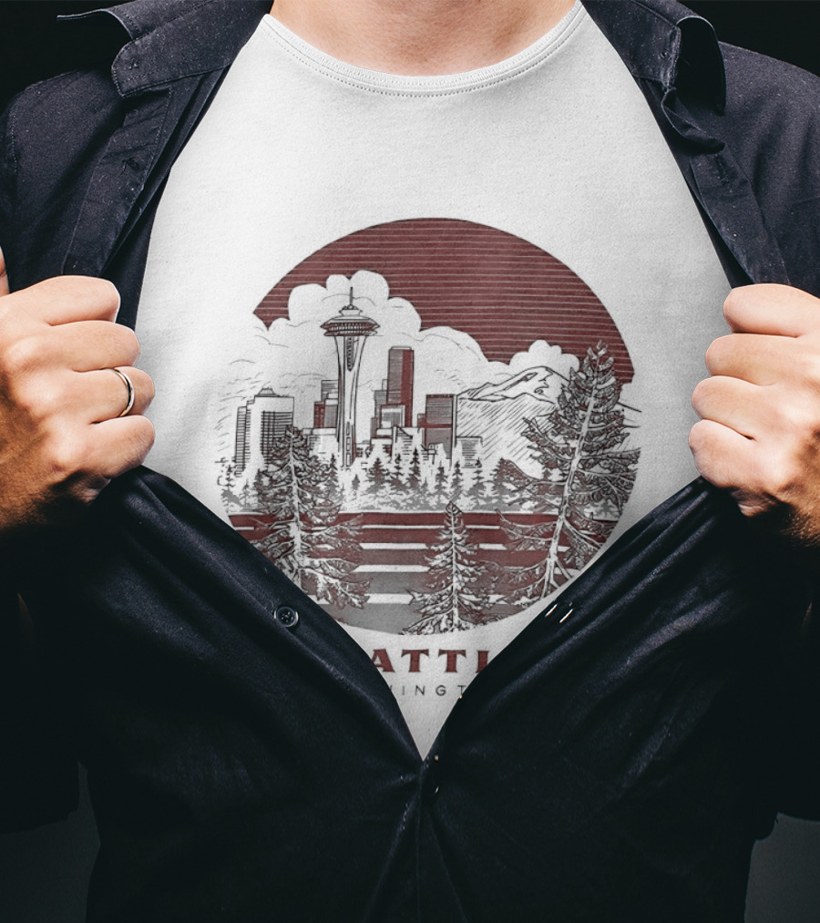 Seattle Washington Skyline Space Needle Mountains Forest T-Shirt