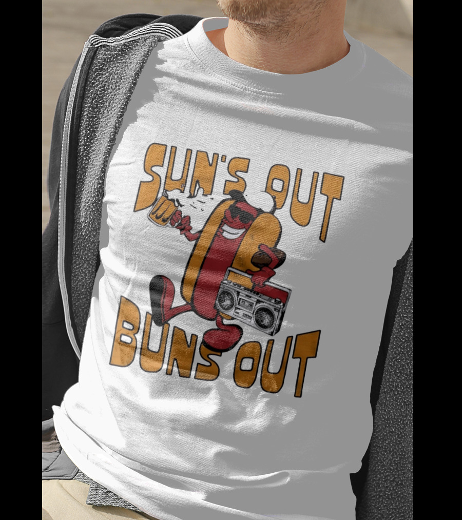 Sun's Out Buns Out Hot Dog With Sunglasses Holding Beer And Boombox T-Shirt
