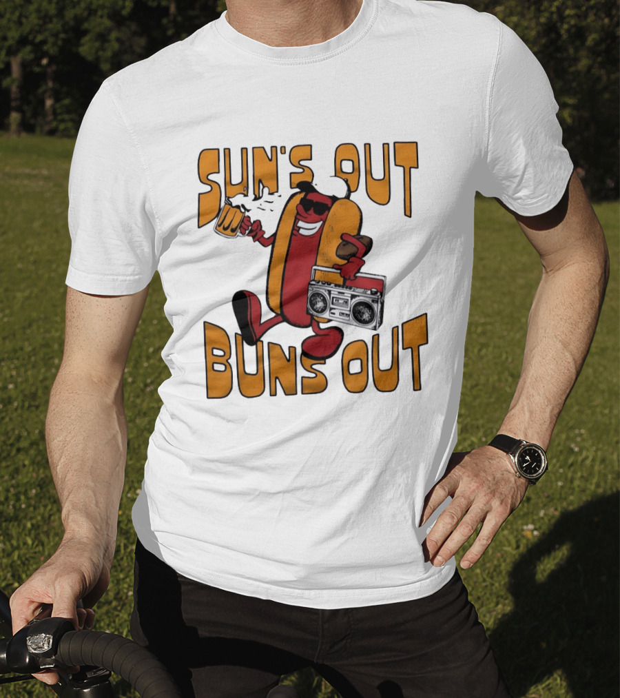 Sun's Out Buns Out Hot Dog With Sunglasses Holding Beer And Boombox T-Shirt