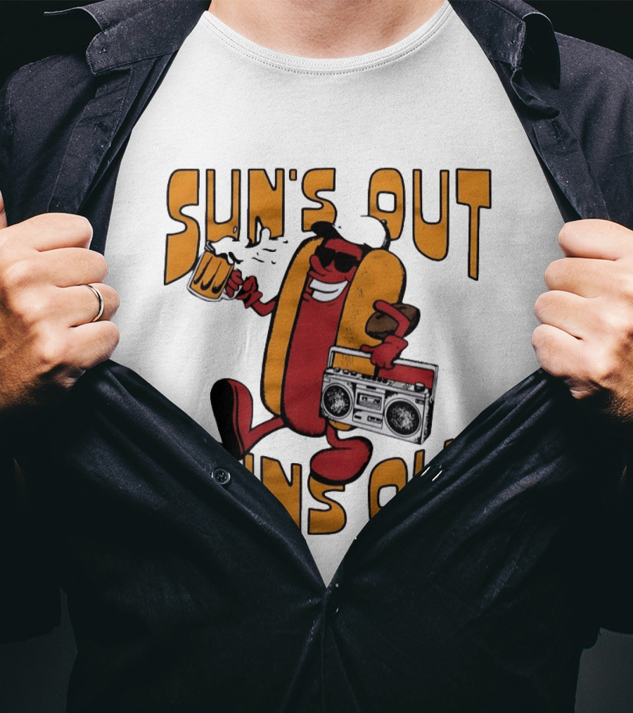 Sun's Out Buns Out Hot Dog With Sunglasses Holding Beer And Boombox T-Shirt