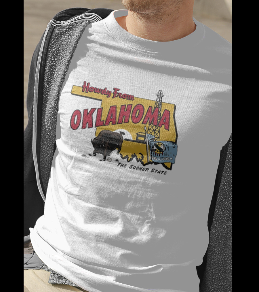 Howdy From Oklahoma The Sooner State Bison With Oil Derrick And Flag T-Shirt
