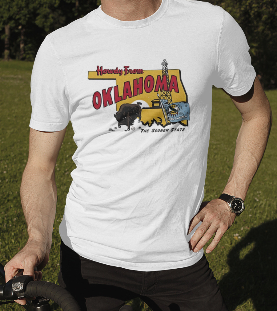 Howdy From Oklahoma The Sooner State Bison With Oil Derrick And Flag T-Shirt