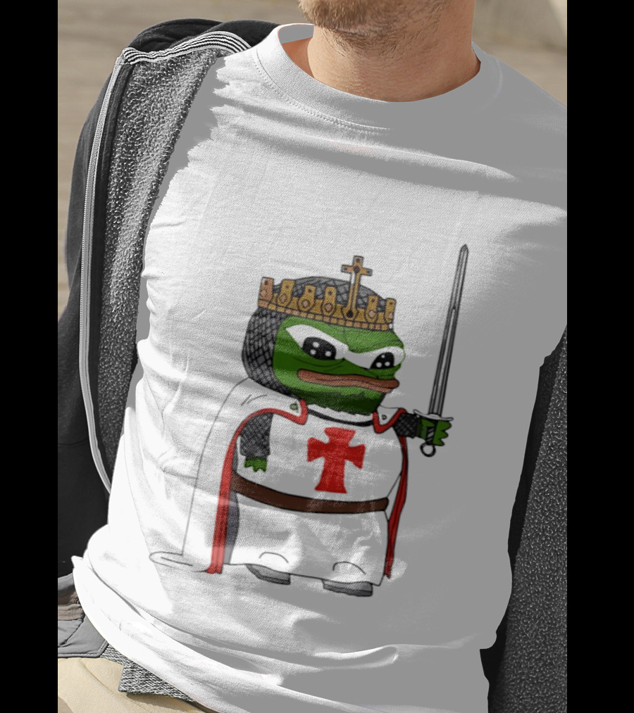 Pepe The Frog King Holding Sword Medieval Crusader Knight With Crown And Cape T-Shirt