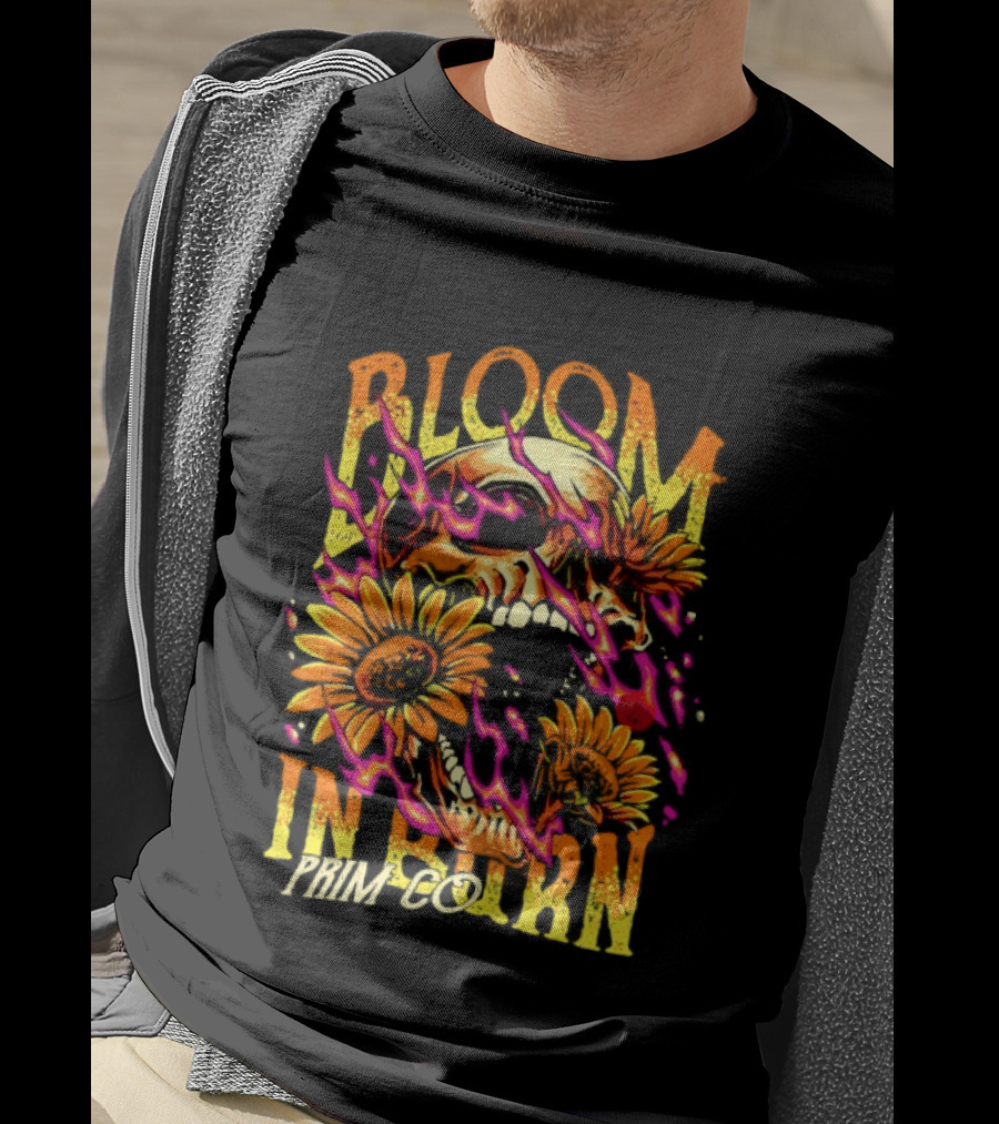 Bloom In Burn Prim Co Skull And Sunflowers T-Shirt
