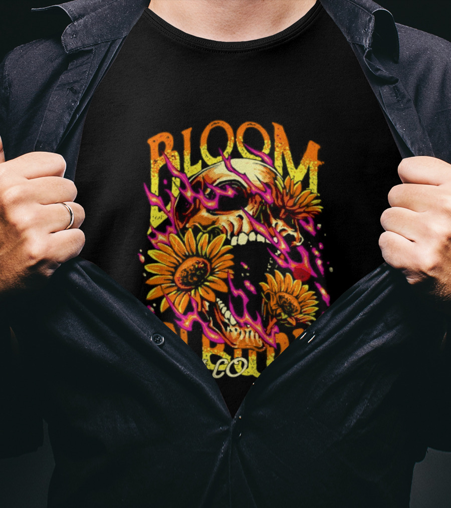 Bloom In Burn Prim Co Skull And Sunflowers T-Shirt