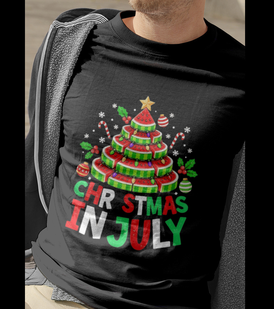 Christmas In July Watermelon Tree With String Lights And Candy Canes T-Shirt