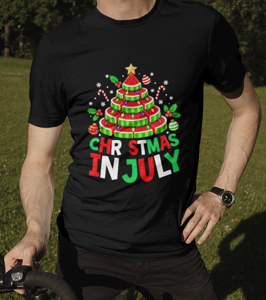 Christmas In July Watermelon Tree With String Lights And Candy Canes T-Shirt