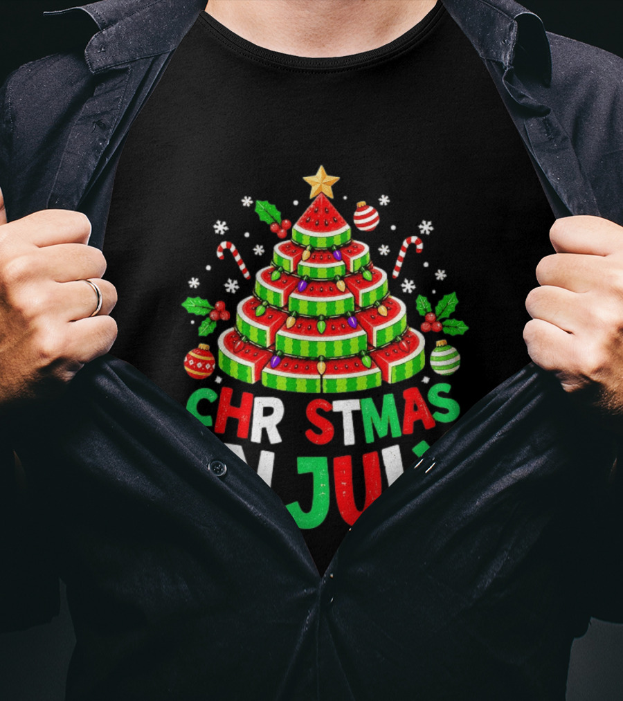 Christmas In July Watermelon Tree With String Lights And Candy Canes T-Shirt