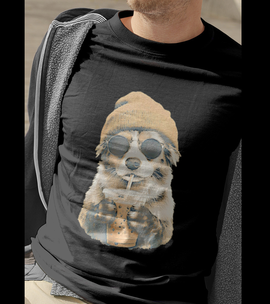 Cozy Dog In Beanie And Sunglasses Enjoying Iced Boba Tea T-Shirt