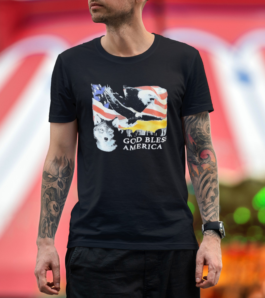 God Bless America Bald Eagle Wolf And American Flag Patriotic T-Shirt