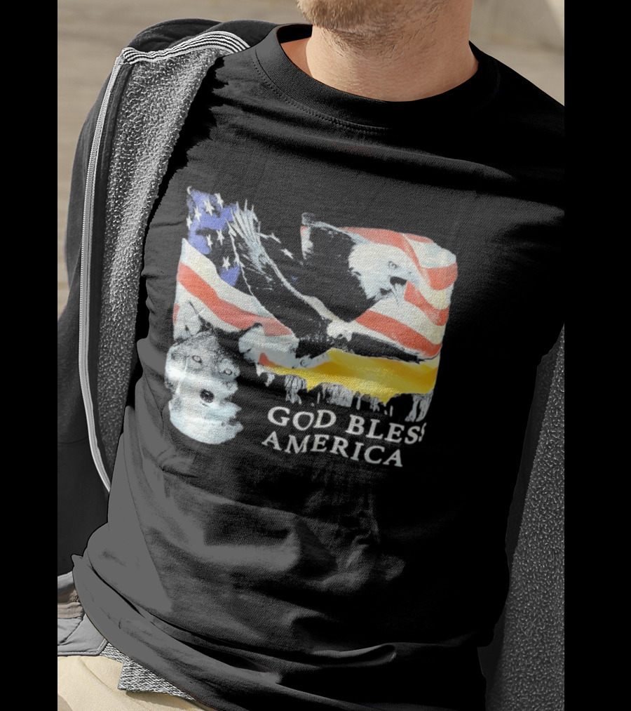God Bless America Bald Eagle Wolf And American Flag Patriotic T-Shirt
