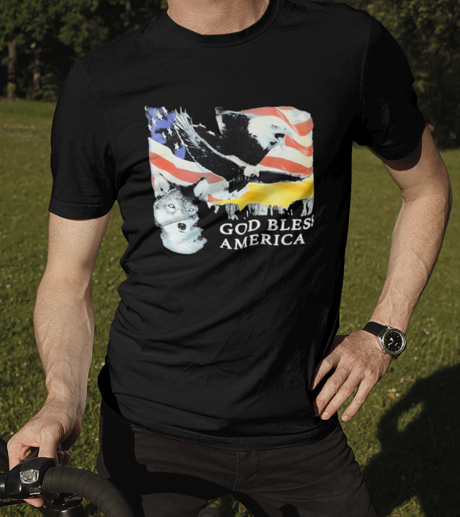 God Bless America Bald Eagle Wolf And American Flag Patriotic T-Shirt