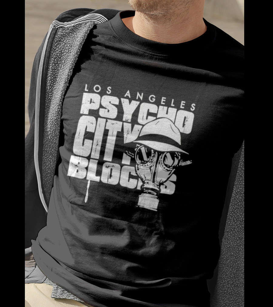 Los Angeles Psycho City Blocks Gas Mask Helmet Bold Lettering T-Shirt