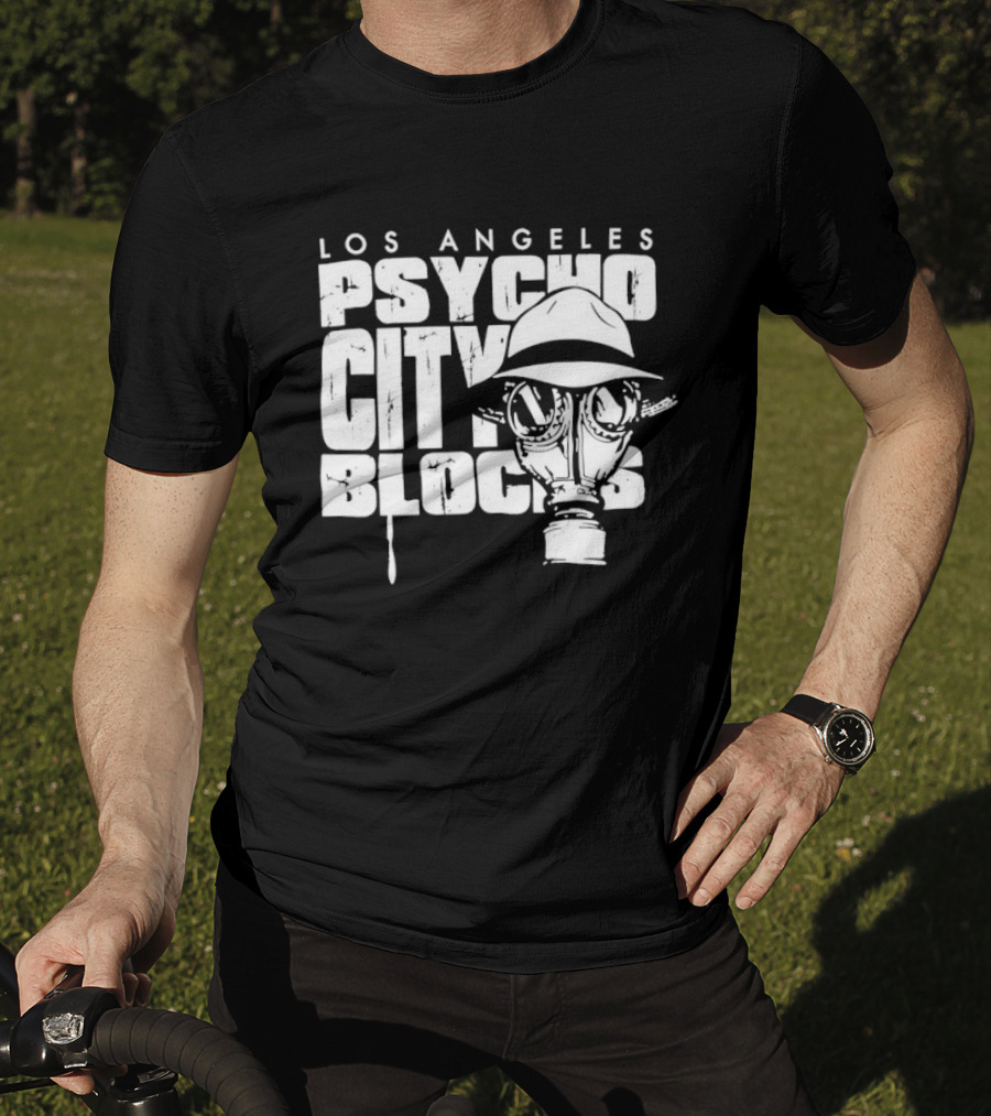 Los Angeles Psycho City Blocks Gas Mask Helmet Bold Lettering T-Shirt