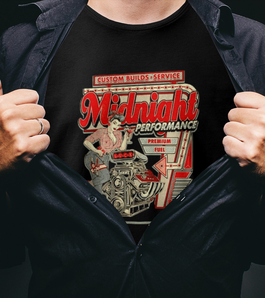 Midnight Performance Custom Builds Service Premium Fuel Retro Pin Up T-Shirt