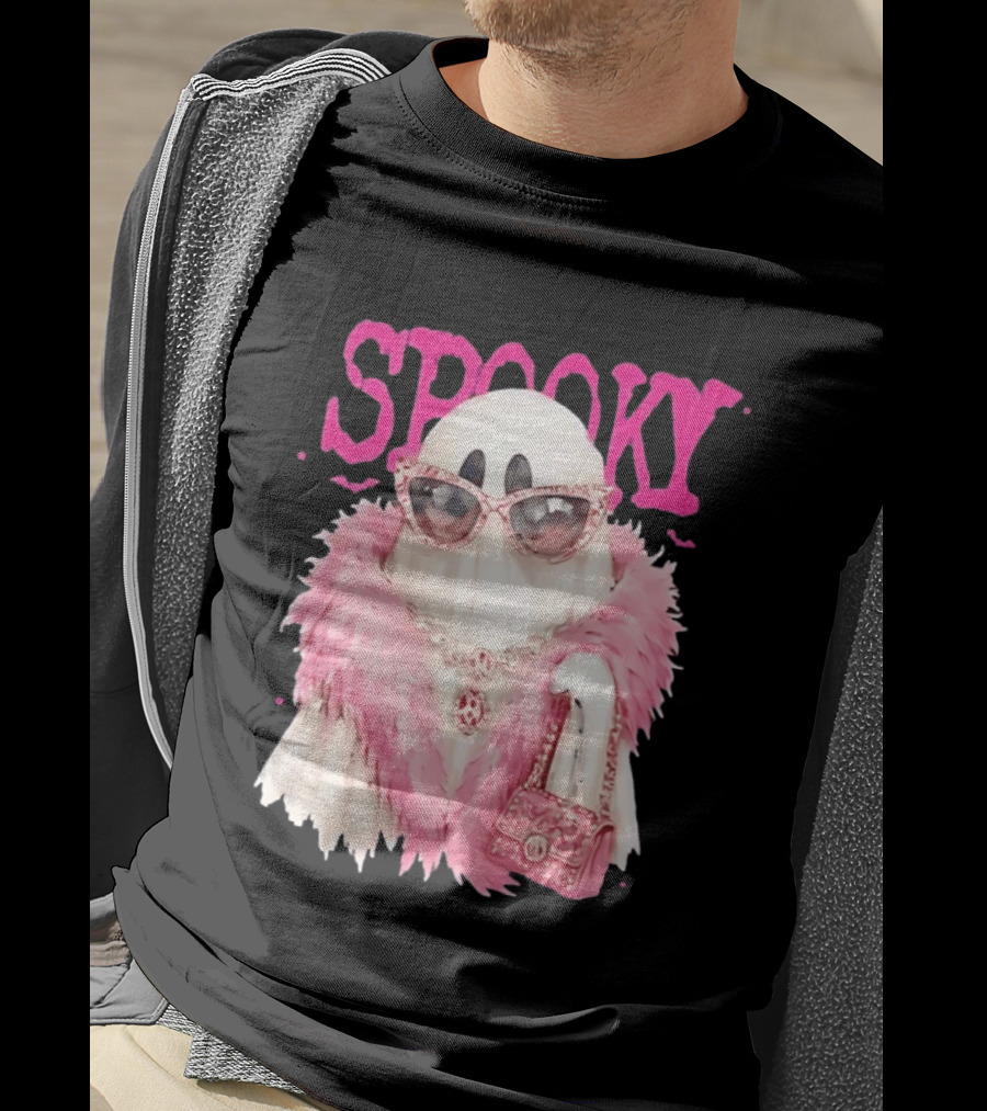 Spooky Glamorous Ghost With Pink Fur And Sunglasses T-Shirt