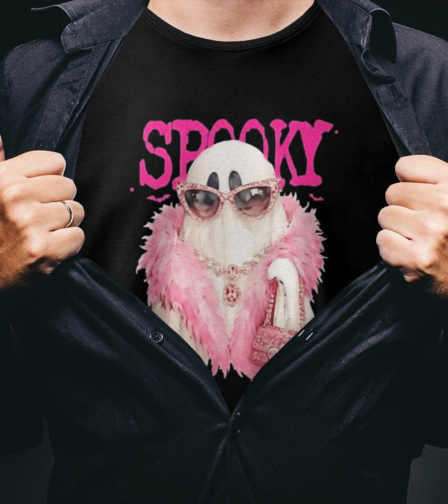 Spooky Glamorous Ghost With Pink Fur And Sunglasses T-Shirt