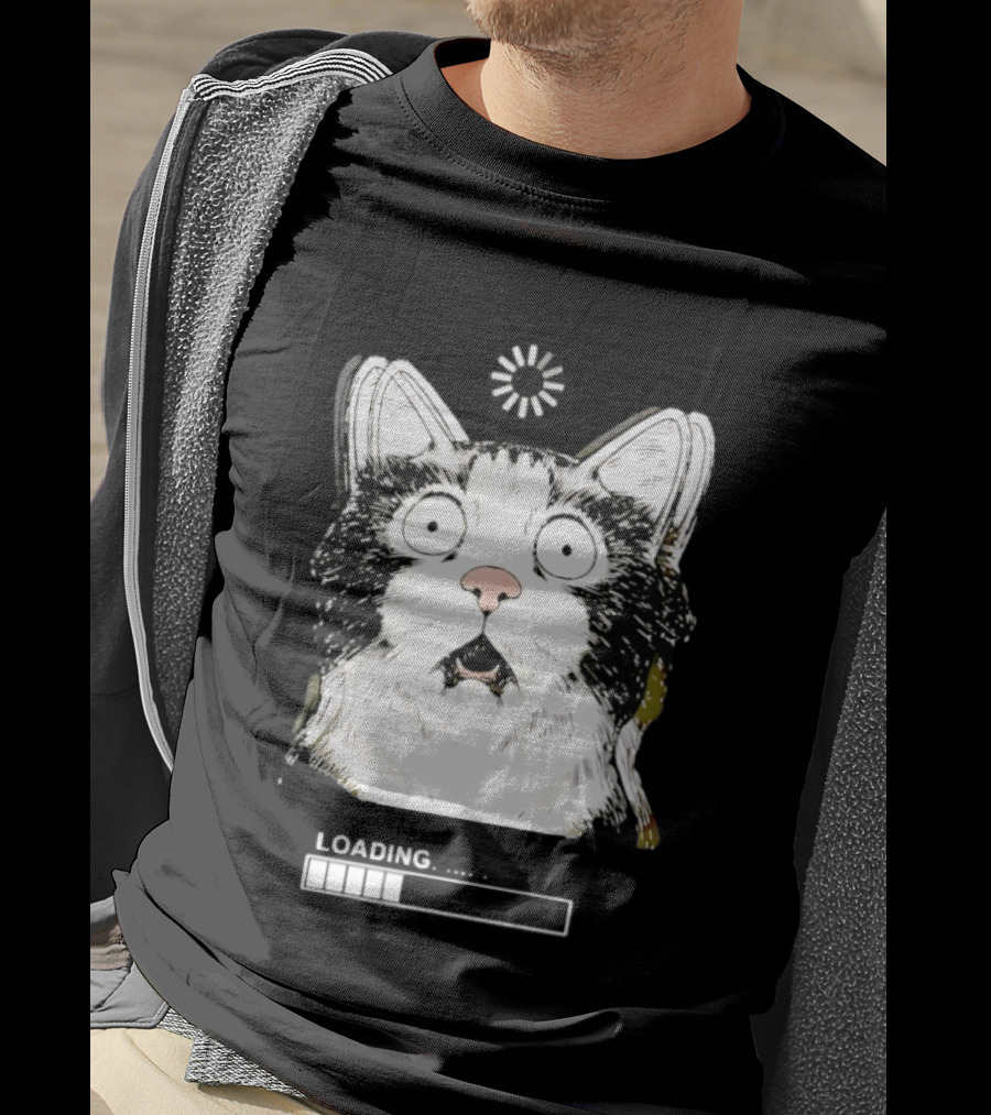Startled Tuxedo Cat Staring Wide Eyed Beside Loading Progress Bar Meme T-Shirt