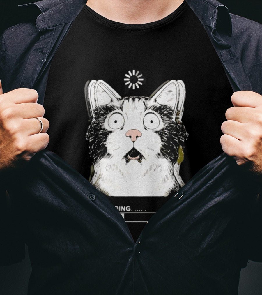 Startled Tuxedo Cat Staring Wide Eyed Beside Loading Progress Bar Meme T-Shirt