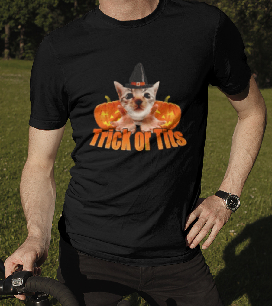 Trick Or Tits Halloween Cat Witch Pumpkin Hat T-Shirt