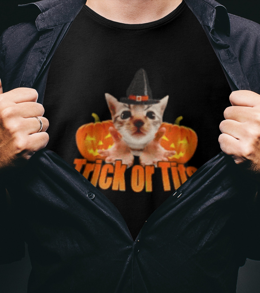 Trick Or Tits Halloween Cat Witch Pumpkin Hat T-Shirt