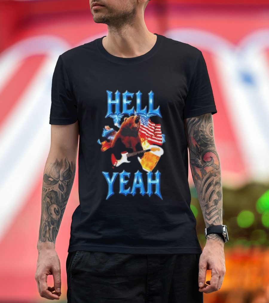 Hell Yeah Bear American Flag Guitar Beer Celebration T-Shirt