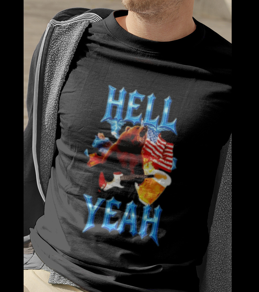 Hell Yeah Bear American Flag Guitar Beer Celebration T-Shirt