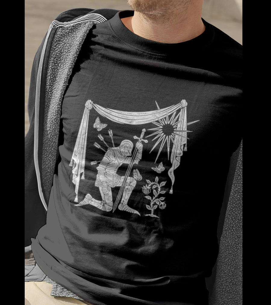 Knight Kneeling With Sword And Arrows Medieval Warrior Sun And Nature Motif T-Shirt