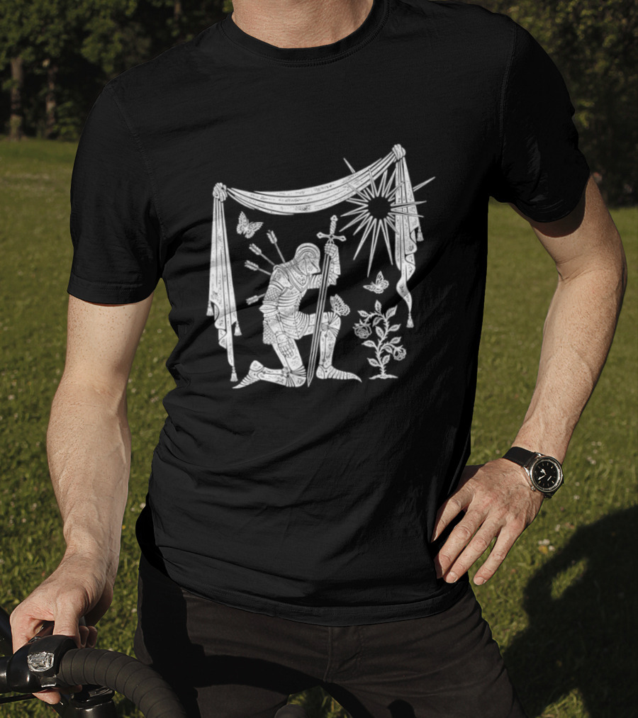 Knight Kneeling With Sword And Arrows Medieval Warrior Sun And Nature Motif T-Shirt