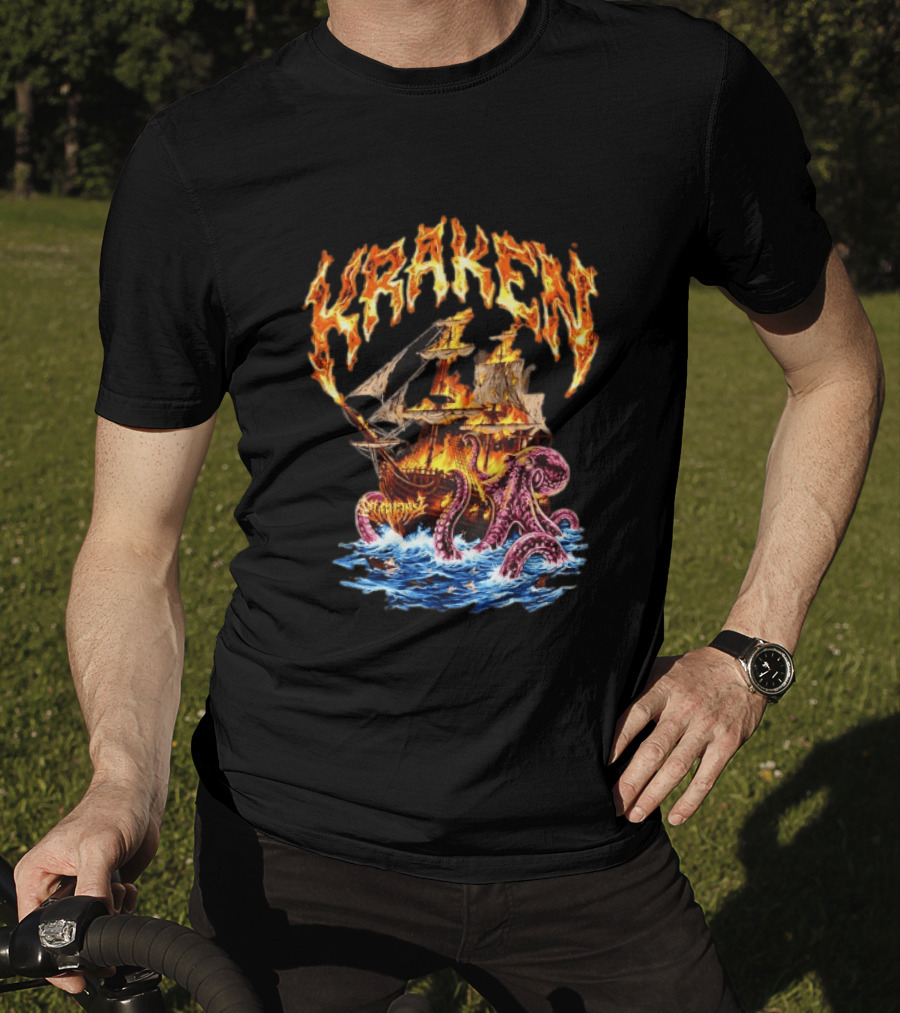 Kraken Nautical Myths Burning Ship Octopus Attack T-Shirt